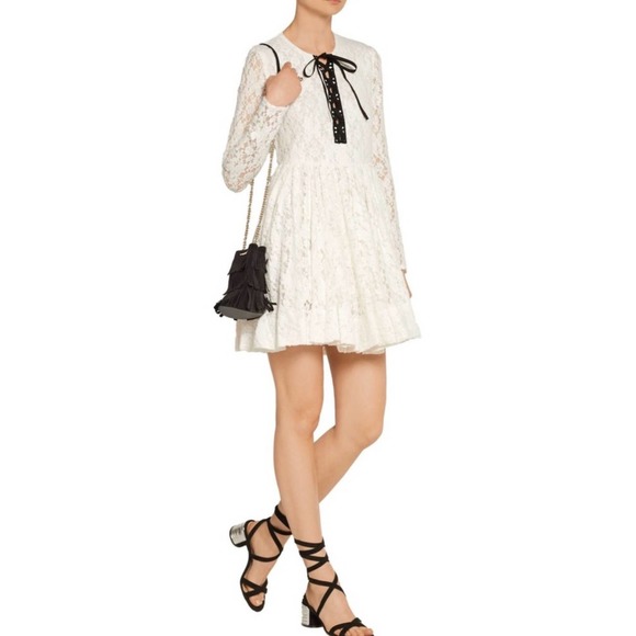 Maje Robby Soft Ecru Cream Black Velvet Ribbon Lace Up Dress 2 M - Picture 2 of 12